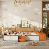 Twin Size Kid Platform Bed Frame Velvet Upholstered Daybed Toddler Bed with Storage Ottoman, Padded Guardrails & Stairs, Brown+White