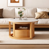 Round Nesting Coffee Table with White Marble Top, 2-Tier storage and 1 drawer, Natural, 28.5"