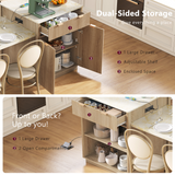 Extendable Kitchen Island Storage Dining Table with 2 Drawers, Power Outlet & Side Open Shelves, Natural