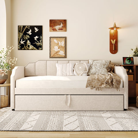 Twin to King Upholstered Daybed, Extendable Sofa Beds with Pop Up Twin Trundle Bed & USB Ports, Beige