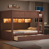 Bunk Bed with Storage Cabinets, LED Lights & 2 Drawers, Pine Wood Bed Frame, Full XL Over Full XL
