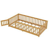 Wooden Floor Bed Frame, Kids Low-Profile Floor Bed, Twin Size Bed with Safety Guardrails & Door, Natural