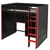 Full Size Wood Gaming Loft Bed with Desk, Open Wardrobe, Storage Compartments & RGB Lights, Red