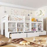Twin XL Low Loft Bed with 3 Storage Drawers & Integrated Bookshelves, Kids Bed with Play Curtain & Chalkboard