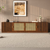 TV Stand for TVs Up to 85", Mid-Century Modern Media Console Table Entertainment Center with Rattan Doors & Adjustable Shelves, Walnut