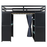 Full Size Wood Loft Bed with Blackout Curtains, USB Port, Wardrobe, Lights, Pegboard & Keyboard Tray, Black+Blue