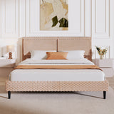 King Size Upholstered Bed Frame with Soft Backrest, Wood Platform Bed Frame for Bedroom, Camel