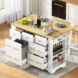 Kitchen Island with 6 Drawers, Pull Out Trash Can Storage, Rolling Kitchen Island on 5 Wheels with Drop Leaf, Power Outlet, 5 Open Side Racks for Kitchen, Dining Room, White