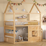 Full Size Loft Bed Wooden House Bed Frame, Built-in Shelf with LED Light & Safety Guardrails
