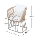 Outdoor Wicker Dining Chair, Teak Finish Wicker & Beige Steel Frame, 300LBS Capacity with Cushion