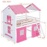 Full Size Wooden Bunk Bed with Elegant Windows & Tent, Playhouse Bed with Storage Sills & Slide Compatible