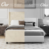 High Headboard Corduroy Upholstered Bed Frame with Vertical Stripe Wingback and High Footboard No Box Spring Needed
