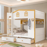 Full over Full Bunk Bed Kid Playful House Bed with Storage Shelves & Drawers, White+Natural