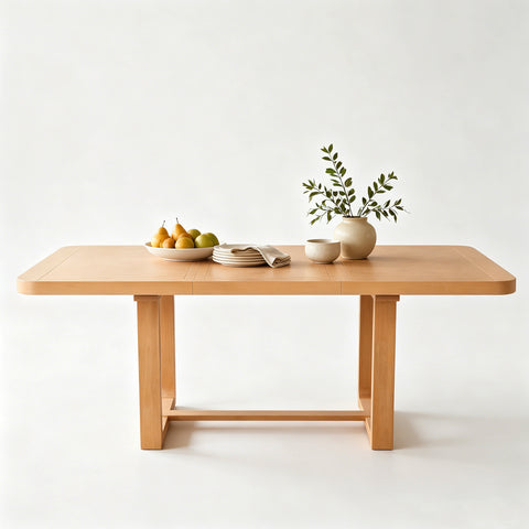 Extendable Dining Table Solid Wood Dinner Table Rectangular Kitchen Table Desk with Rounded Corner & Foot Pad, Natural