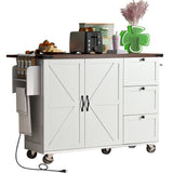 Farmhouse Kitchen Island with Power Outlet, Kitchen Storage Island with Internal Storage Rack, Drop Leaf, Spice Rack, Rolling Kitchen Cart on Wheels, for Home, Kitchen and Dining Room