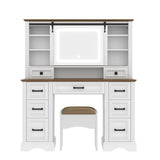 47.2" Farmhouse Makeup Vanity Desk with Sliding Mirror, Large Vanity Set with LED Lights, Dressing Table with Storage Stool and 9 Drawers, Ample Storage, White and Brown