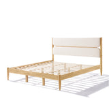 King Size Solid Wood Bed Frame With Fleece Upholstered Headboard, Ivory
