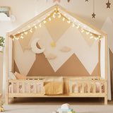 Twin Size Montessori Floor Bed with Canopy, House Shape Toddler Bed Frame with Guardrails, Wood Kids Bed, Natural