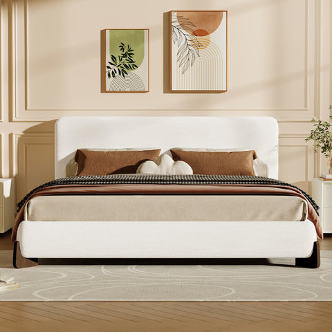Upholstered Bed Frame with Solid Wood Legs, Elegant Boucle Platform Bed, King Size, White