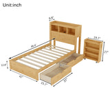Twin Wood Bed with Storage Headboard, Built-in LED Lighting & Charging Station, 2 Drawers & Pull-Out Cabinet
