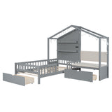 Twin Size House Bed with Upholstered Sofa, Platform Bed with Charging Station, Shelves and 2 Drawers, Gray
