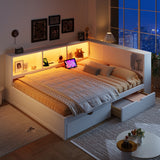 Queen Size Wood Daybed with Storage Shelves & 2 Drawers, Modern Platform Bed Frame with USB and LED