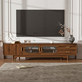 TV Stand for TVs Up to 85", Mid-Century Modern TV Cabinet Media Console Entertainment Center with Fluted Glass Doors & 2 Drawers, Walnut