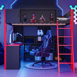 Full Size Gaming Loft Bed Wood Bed Frame with Desk, 7-Color Light Strip & Storage Shelves