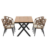 5-Piece Outdoor Dining Set, Rectangular Table with PE Rattan Rope-Woven Chairs & Cushions, Weather-Resistant Patio Furniture, Brown