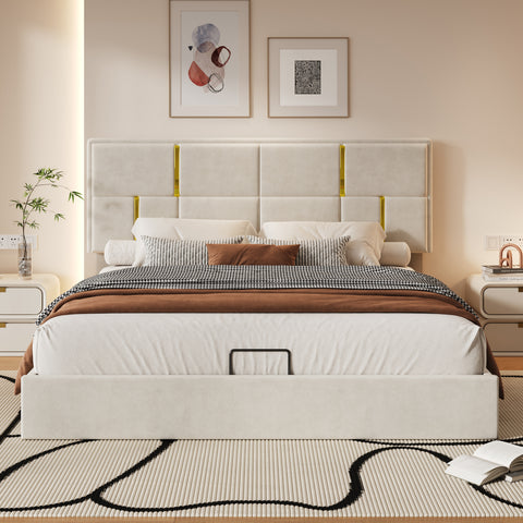 Queen Size House Bed Platform Bed Frame for Kid with Storage, Velvet, Beige
