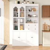 75" Tall Freestanding Buffet with Hutch, Kitchen Pantry Cabinet with 4 Drawers, Glass Doors, Pull-out Trays, White