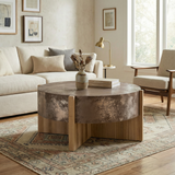 Round Rustic Coffee Table Center Table Vintage Industrial Accent Table with Distressed Rust Finish & Wood Legs, Natural