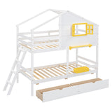 Twin over Twin Bunk Bed with 2 Drawers, 1 Storage Box, 1 Shelf, Window and Roof, White