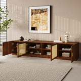 TV Stand for TVs Up to 85", Mid-Century Modern Media Console Table Entertainment Center with Rattan Doors & Adjustable Shelves, Walnut