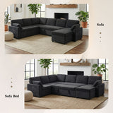 U-Shaped Convertible Sleeper Sofa Bed Modular Sectional Sofa Upholstered Couch Family Sofa with Reversible Chaise Lounge&USB Ports, Black