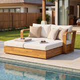 Teak Finish Acacia Wood Daybed, 2-Seater Sofa Bed with Cream Cushion & Detachable Back Pillows for Outdoor Indoor