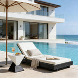 Acacia Wood Outdoor Chaise Lounge with 6-Position Adjustable, Cream 2-Fold Waterproof Cushion & Gray Frame for Patio, Poolside, Garden
