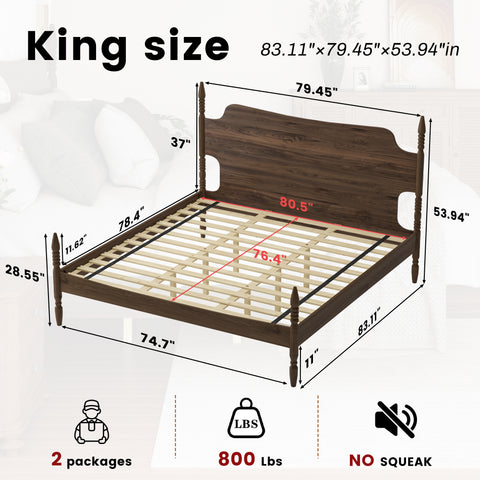 Retro King Size Platform Bed Frame with Curved Tall Headboard & Turned Spindle Legs for Bedroom, No Box Spring Needed