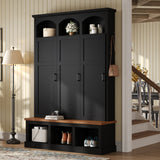Farmhouse Arched Hall Tree with Storage Bench, Entryway Organizer with 3 Cabinets & 5 Hooks for Hallway, Bedroom