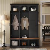 Farmhouse Arched Hall Tree with Storage Bench, Entryway Organizer with 3 Cabinets & 5 Hooks for Hallway, Bedroom