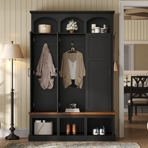 Farmhouse Arched Hall Tree with Storage Bench, Entryway Organizer with 3 Cabinets & 5 Hooks for Hallway, Bedroom
