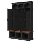 Farmhouse Arched Hall Tree with Storage Bench, Entryway Organizer with 3 Cabinets & 5 Hooks for Hallway, Bedroom