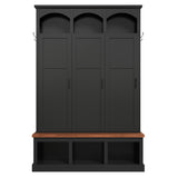Farmhouse Arched Hall Tree with Storage Bench, Entryway Organizer with 3 Cabinets & 5 Hooks for Hallway, Bedroom