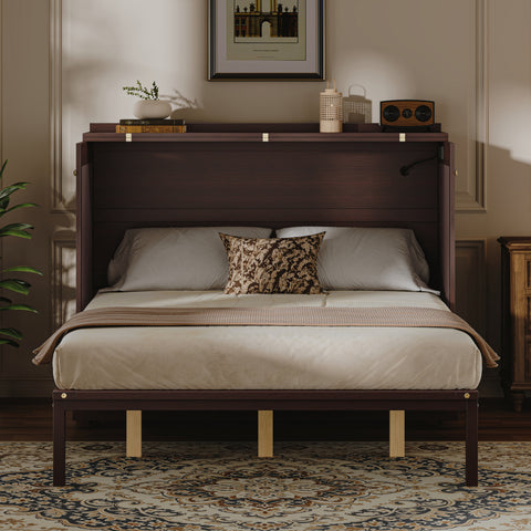 Queen Size Murphy Bed, Foldable Cabinet Bed with Drawers, Charging Station, Safety Lock & Anti-Tip Device for Bedroom, Living Room