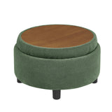 25" Round Storage Ottoman with Tray, 2-in-1 Tufted Fabric Coffee Table with Storage for Living Room, Bedroom