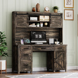 Farmhouse 61" Home Office Computer Desk, Executive Desk with Hutch, Sliding Barn Doors, 5 Drawers, Charging Station & Cabinet