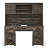 Farmhouse 61" Home Office Computer Desk, Executive Desk with Hutch, Sliding Barn Doors, 5 Drawers, Charging Station & Cabinet