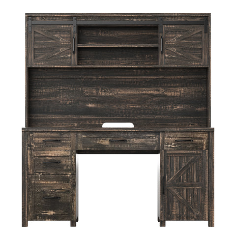 Farmhouse 61" Home Office Computer Desk, Executive Desk with Hutch, Sliding Barn Doors, 5 Drawers, Charging Station & Cabinet