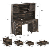 Farmhouse 61" Home Office Computer Desk, Executive Desk with Hutch, Sliding Barn Doors, 5 Drawers, Charging Station & Cabinet