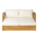 Teak Finish Acacia Wood Daybed, 2-Seater Sofa Bed with Cream Cushion & Detachable Back Pillows for Outdoor Indoor